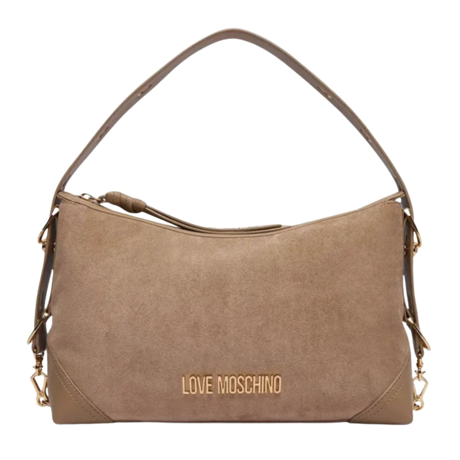 Love Moschino Logo Plaque Beige Suede Shoulder Bag
