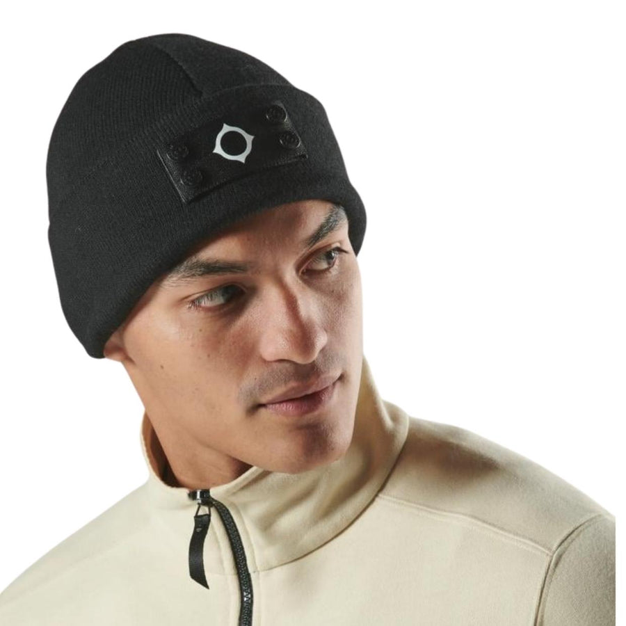 MA.STRUM Logo Badge Jet Black Knitted Beanie Hat