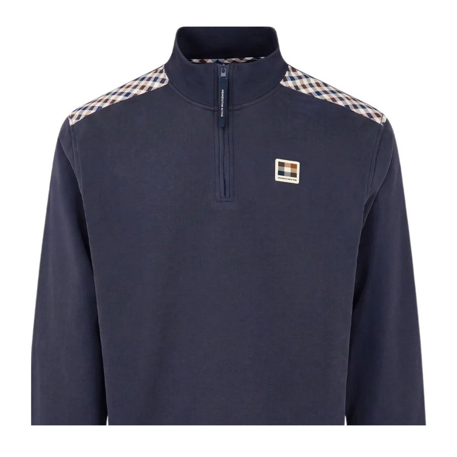 Aquascutum Active Club Check Shoulder Half Zip Navy Fleece Sweatshirt