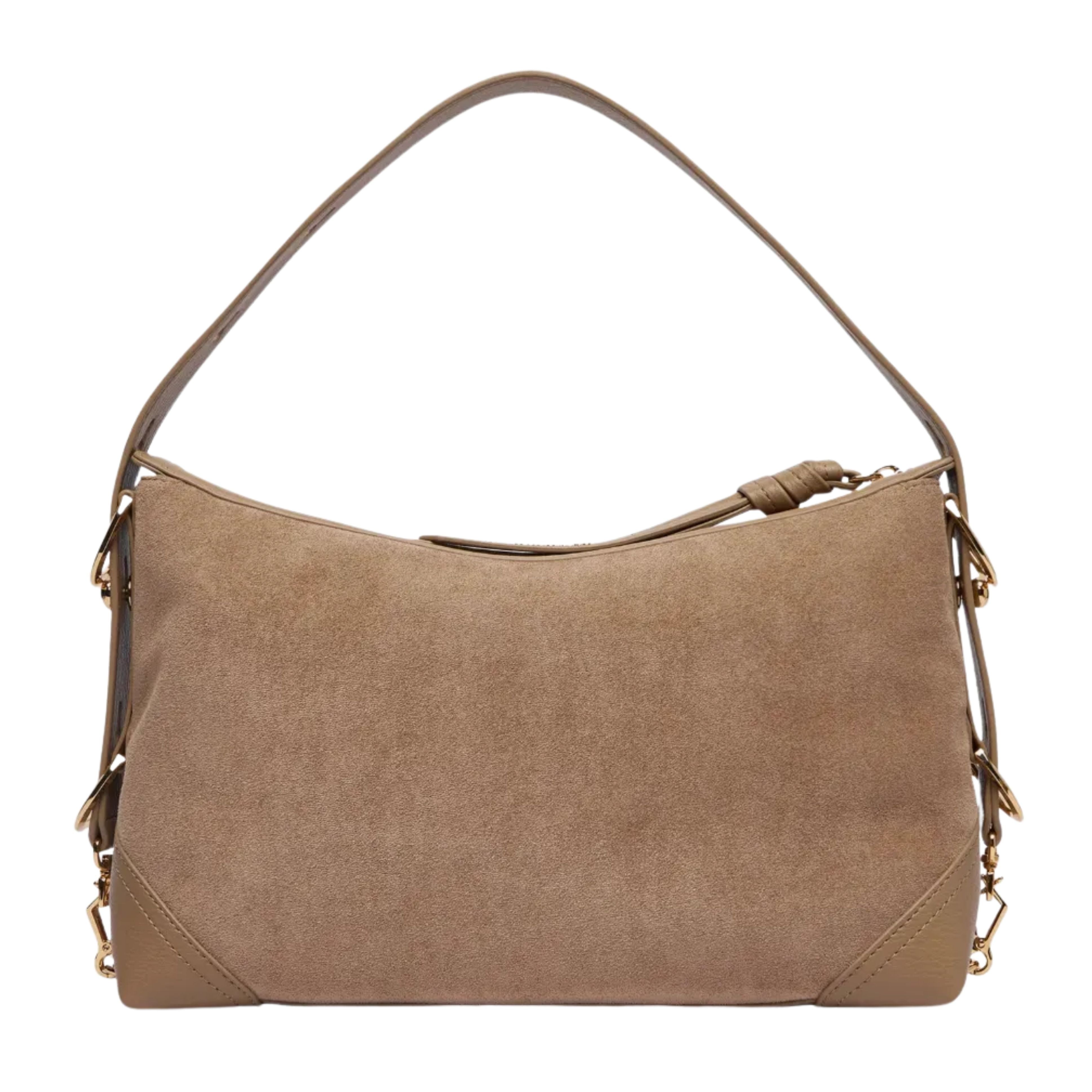 Love Moschino Logo Plaque Beige Suede Shoulder Bag