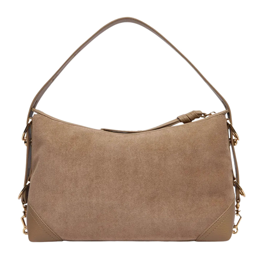 Love Moschino Logo Plaque Beige Suede Shoulder Bag