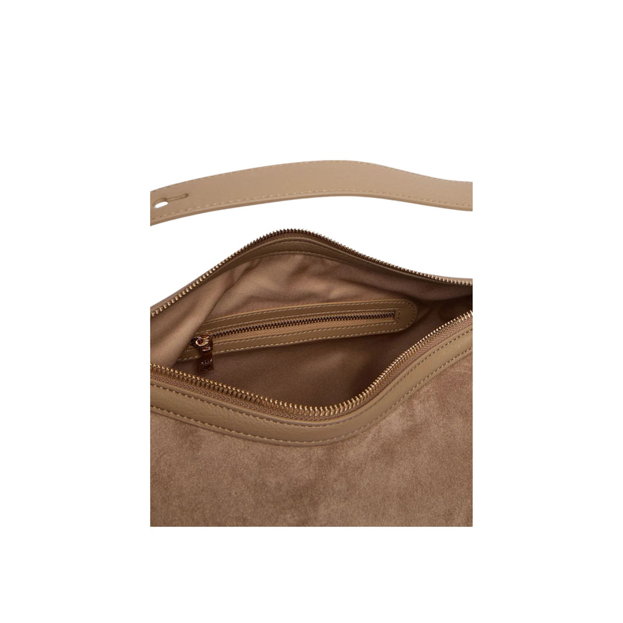 Love Moschino Logo Plaque Beige Suede Shoulder Bag