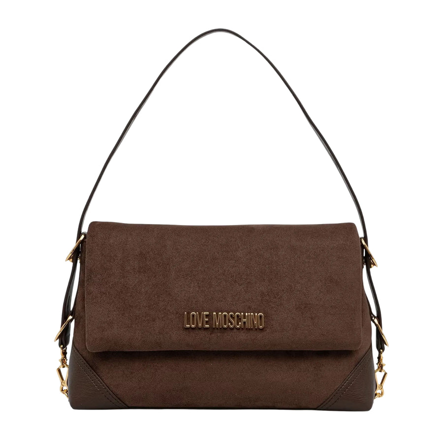 Love Moschino Plaque Logo Brown Suede Shoulder Bag