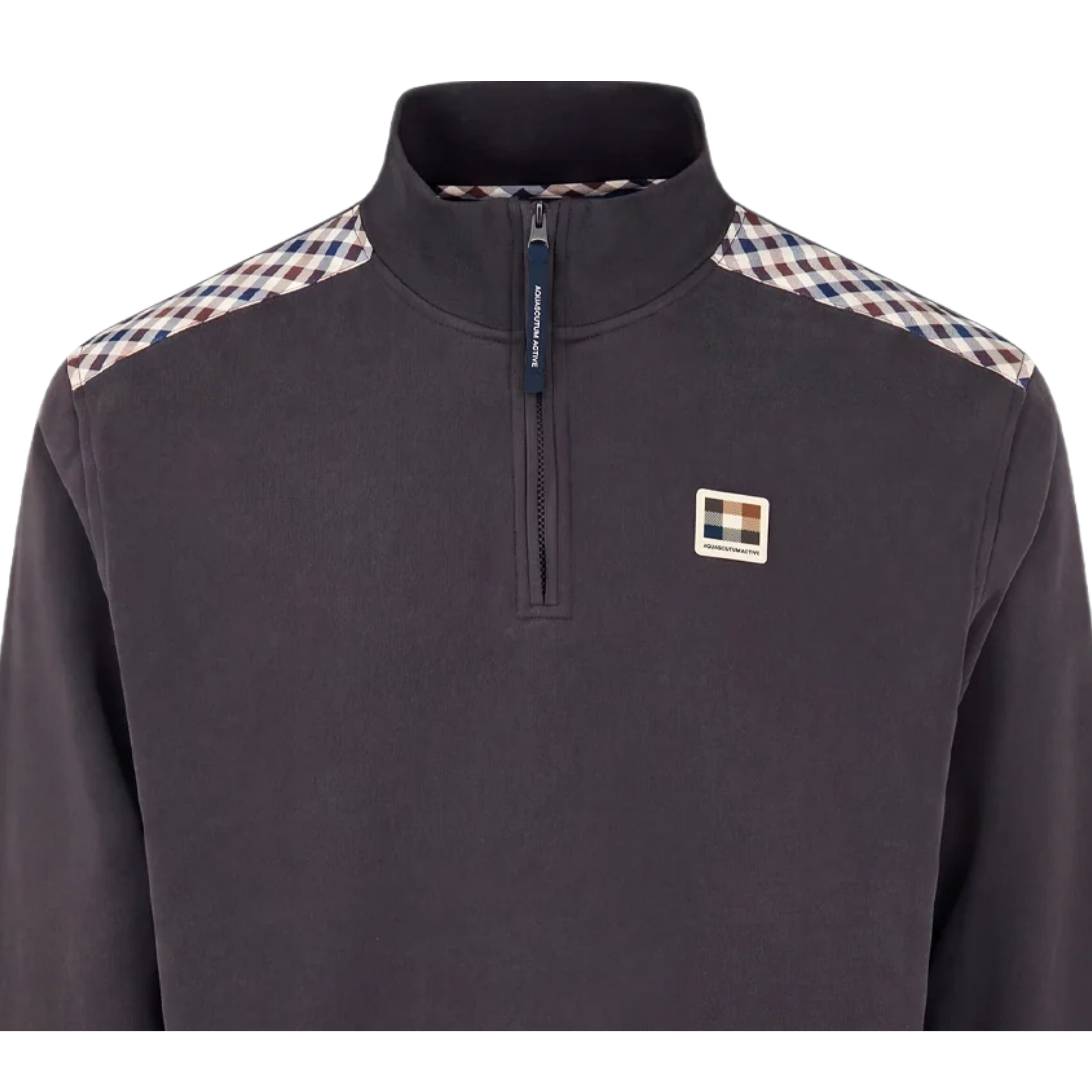 Aquascutum Active Club Check Shoulder Half Zip Black Fleece Sweatshirt