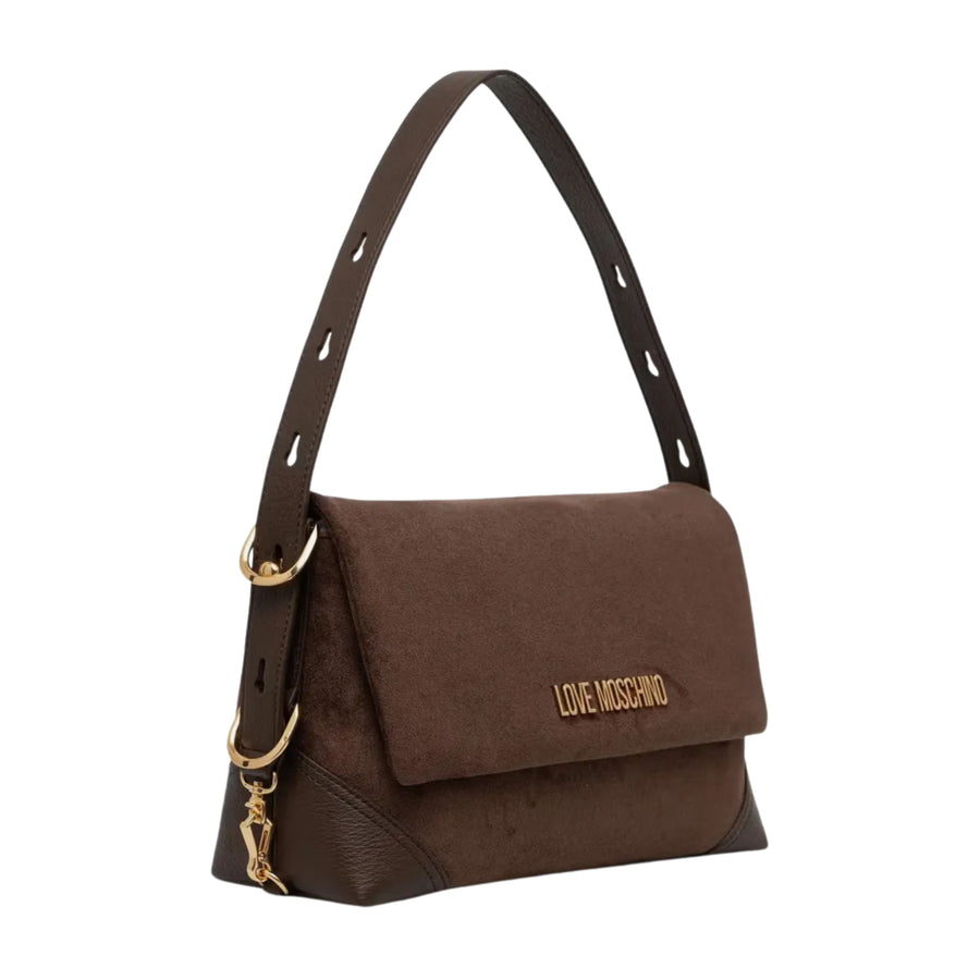 Love Moschino Plaque Logo Brown Suede Shoulder Bag