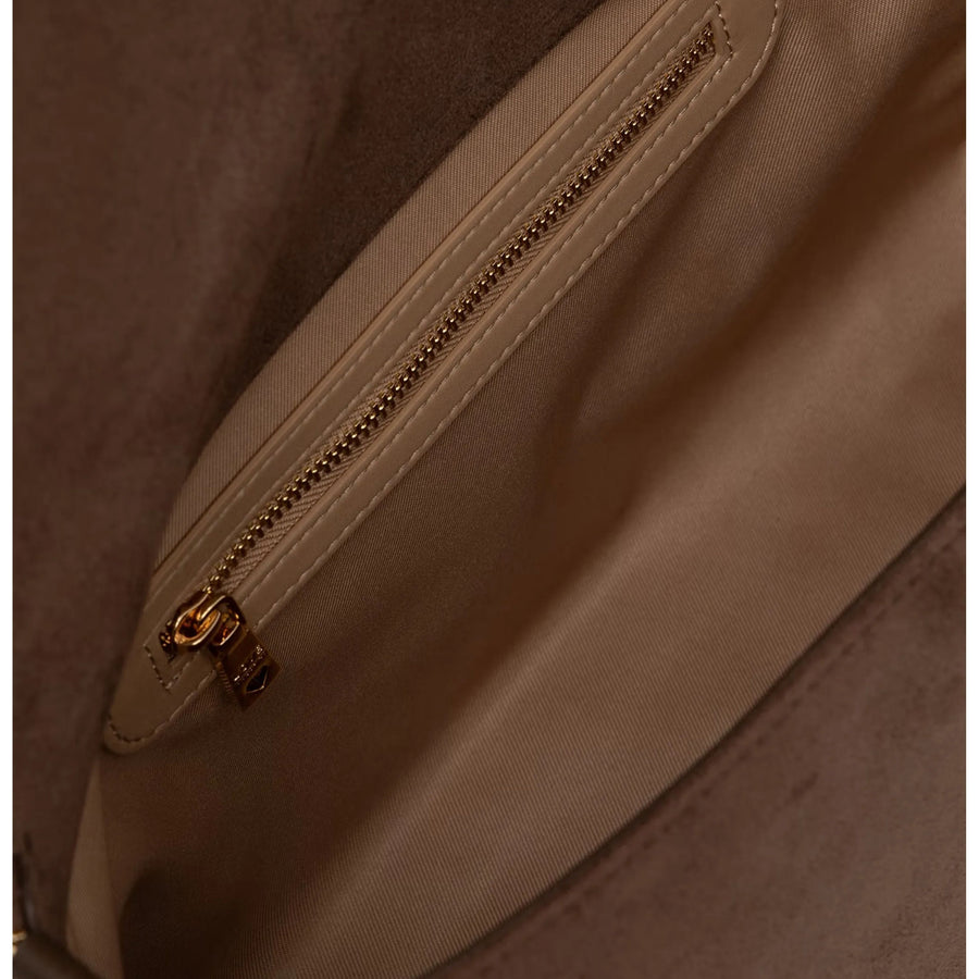 Love Moschino Plaque Logo Brown Suede Shoulder Bag
