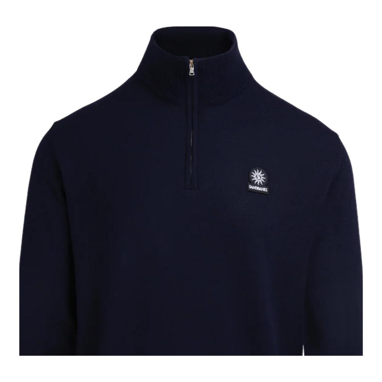 Sandbanks Logo Badge Merino Knit Wool Navy Half Zip Sweatshirt