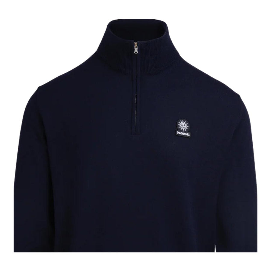 Sandbanks Logo Badge Merino Knit Wool Navy Half Zip Sweatshirt