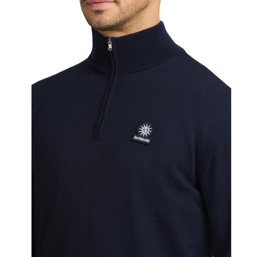 Sandbanks Logo Badge Merino Knit Wool Navy Half Zip Sweatshirt