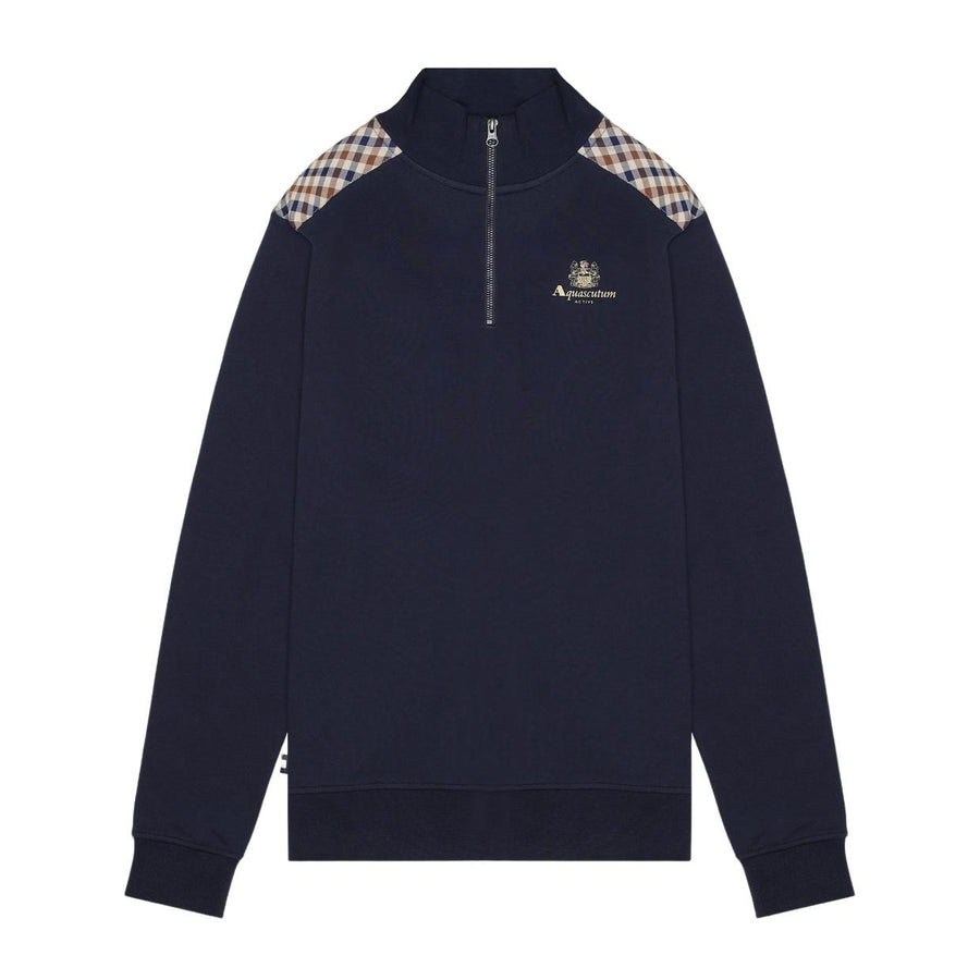 Aquascutum Active Club Check Shoulder Navy Half Zip Sweatshirt