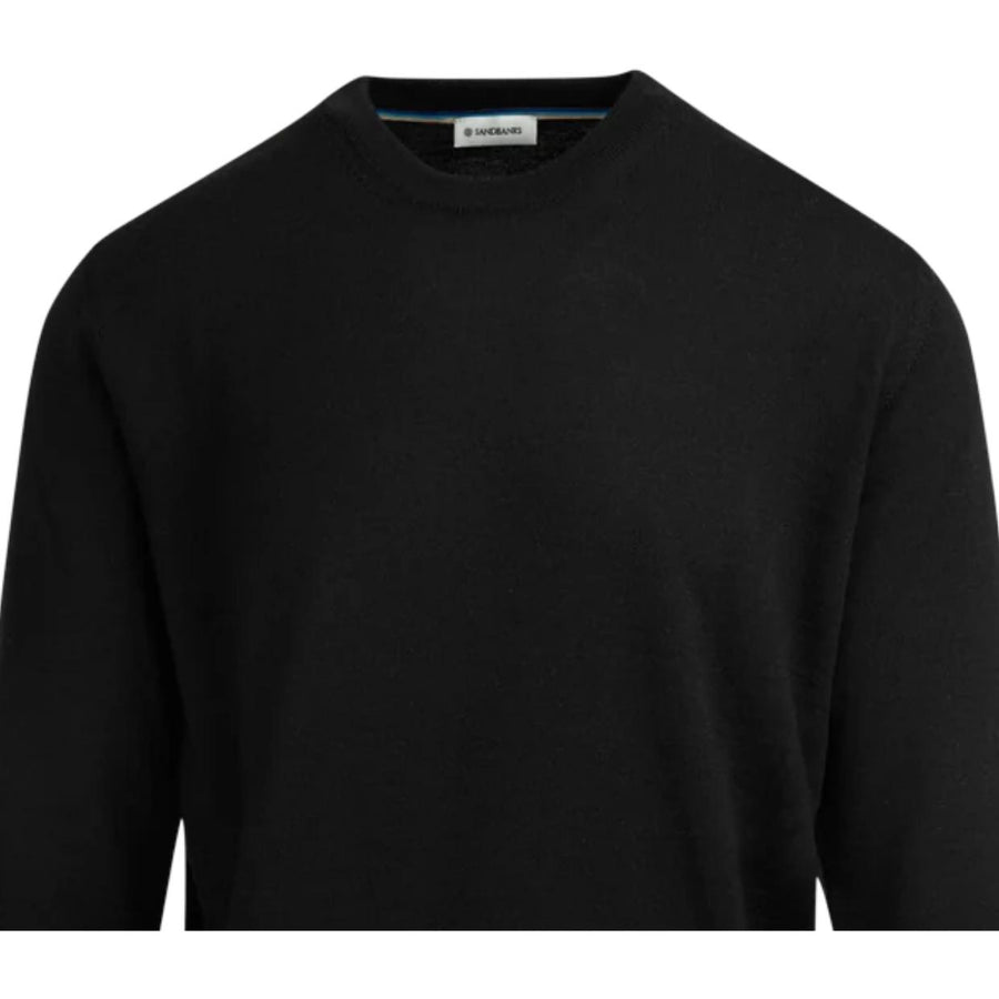 Sandbanks Logo Badge Merino Knit Wool Black Crew Neck Sweatshirt