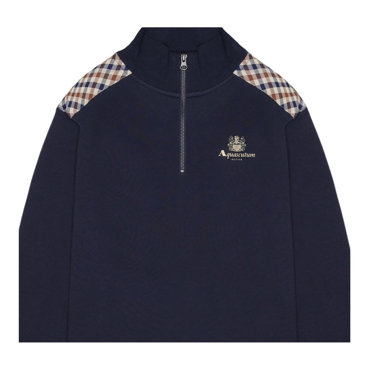 Aquascutum Active Club Check Shoulder Navy Half Zip Sweatshirt