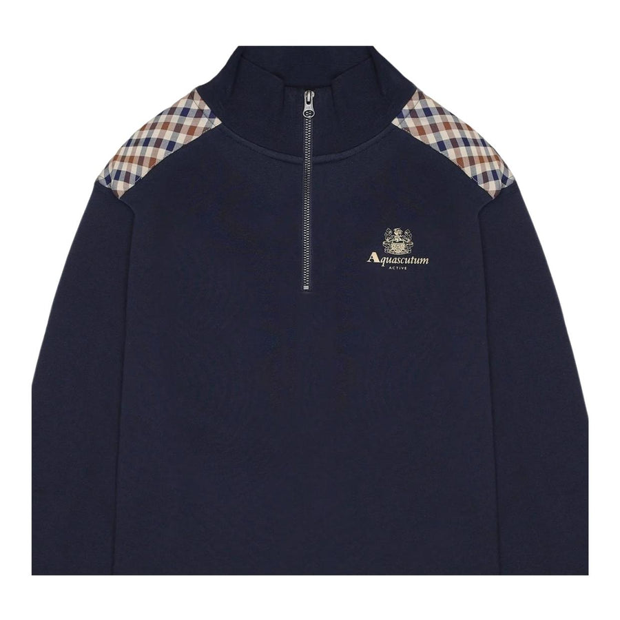 Aquascutum Active Club Check Shoulder Navy Half Zip Sweatshirt