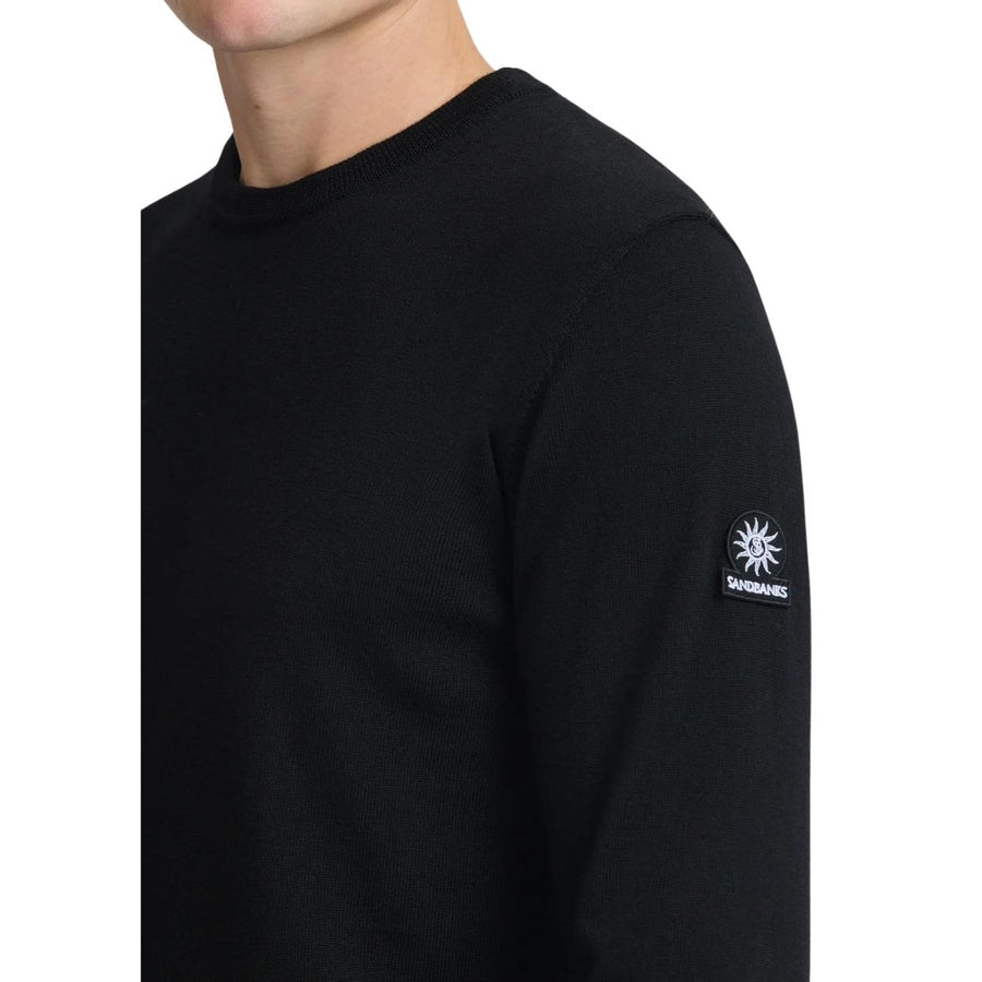 Sandbanks Logo Badge Merino Knit Wool Black Crew Neck Sweatshirt