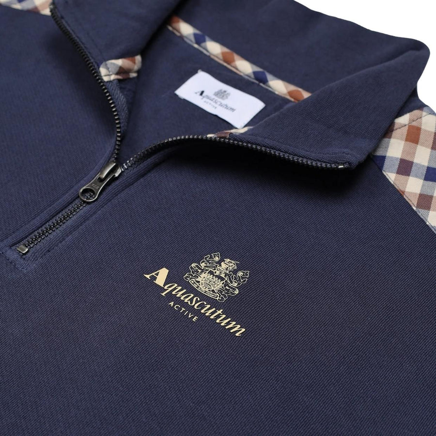 Aquascutum Active Club Check Shoulder Navy Half Zip Sweatshirt