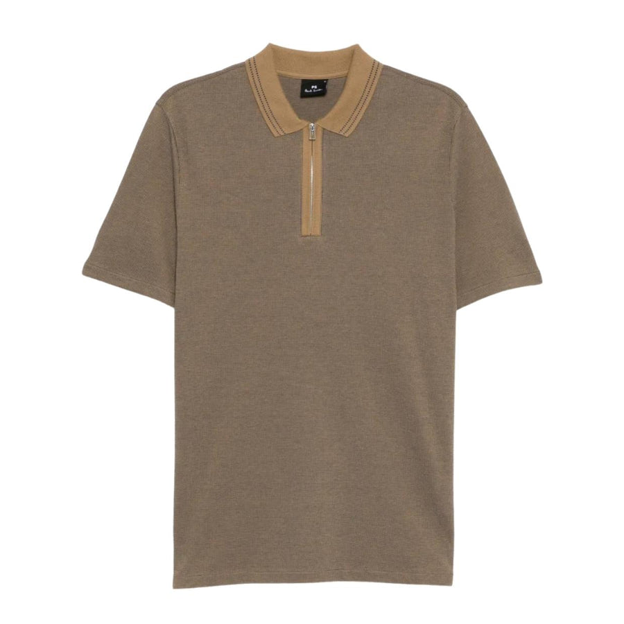 Paul Smith Regular Fit Cotton Jacquard Brown Half Zip Polo Shirt
