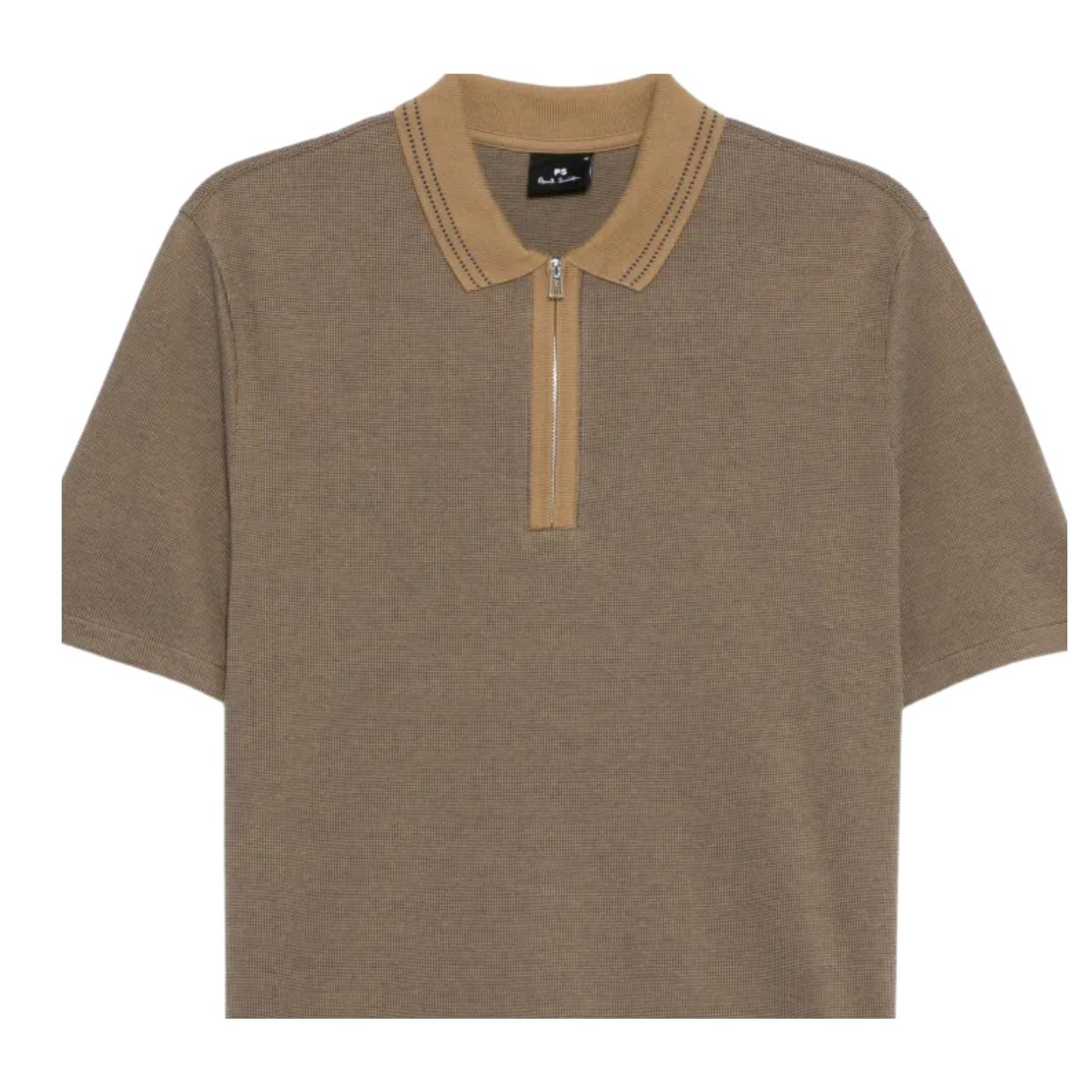Paul Smith Regular Fit Cotton Jacquard Brown Half Zip Polo Shirt