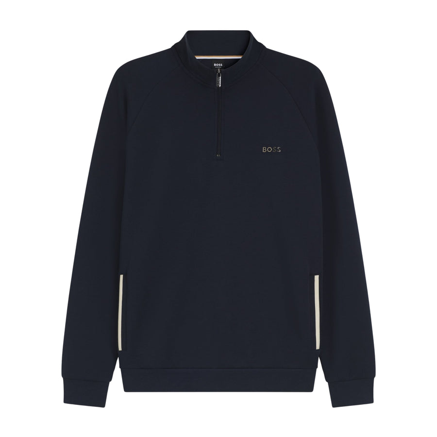 BOSS Metallic Logo Cotton Blend Dark Blue Half Zip Sweatshirt