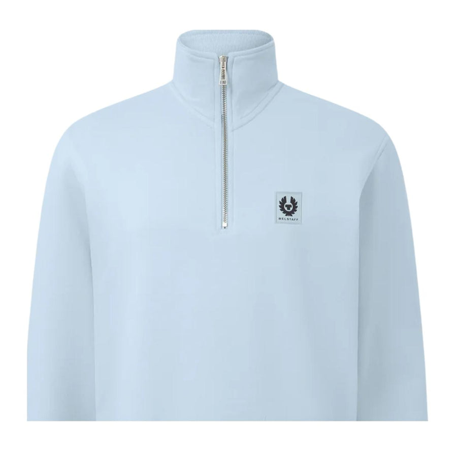 Belstaff Logo Patch Cotton Fleece Sky Blue Half Zip Sweatshirt