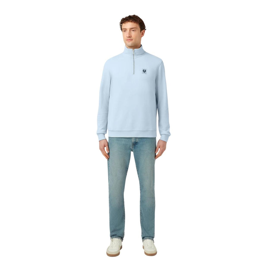 Belstaff Logo Patch Cotton Fleece Sky Blue Half Zip Sweatshirt