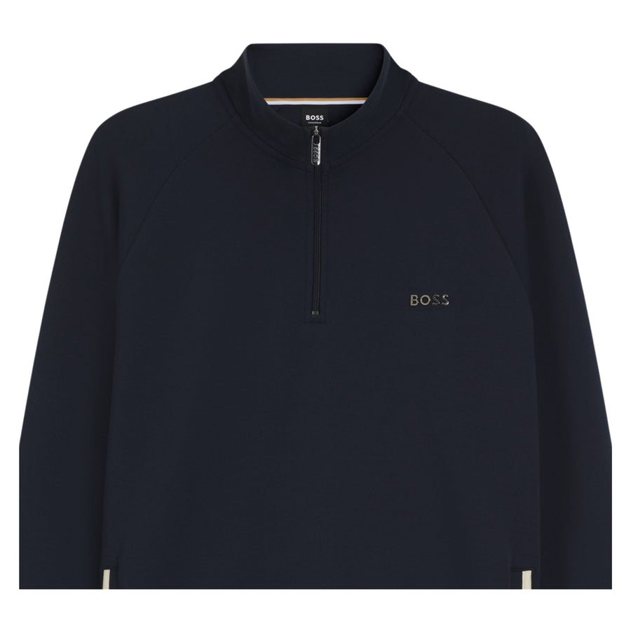 BOSS Metallic Logo Cotton Blend Dark Blue Half Zip Sweatshirt