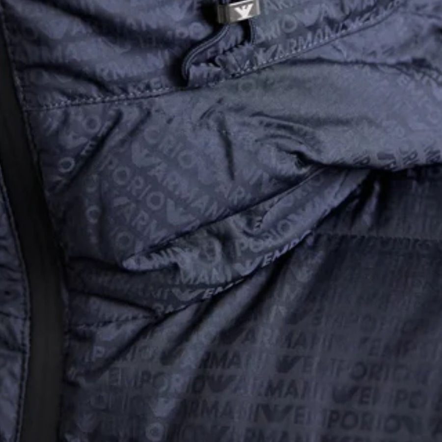 Emporio Armani Logo Lettering Navy Nylon Quilted Hooded Down Jacket