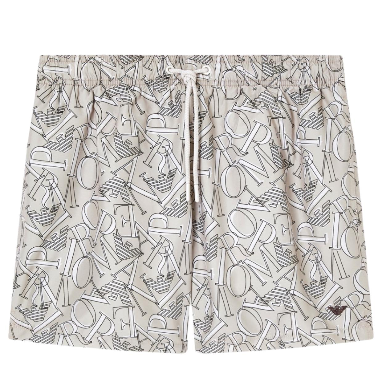 Emporio Armani All-Over Logo Beige Swim Shorts