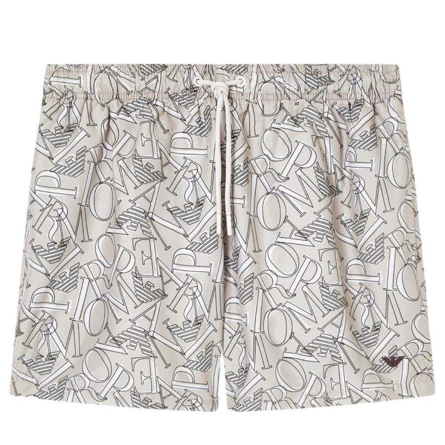 Emporio Armani All-Over Logo Beige Swim Shorts
