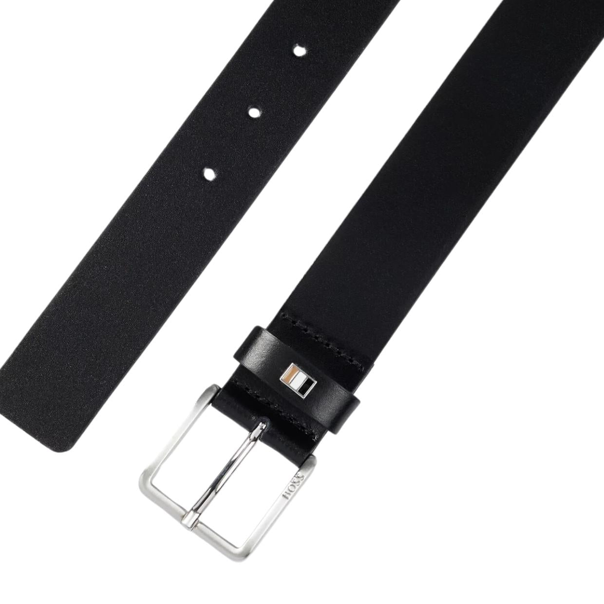 BOSS Signature Stripe Flag Italian Black Leather Belt