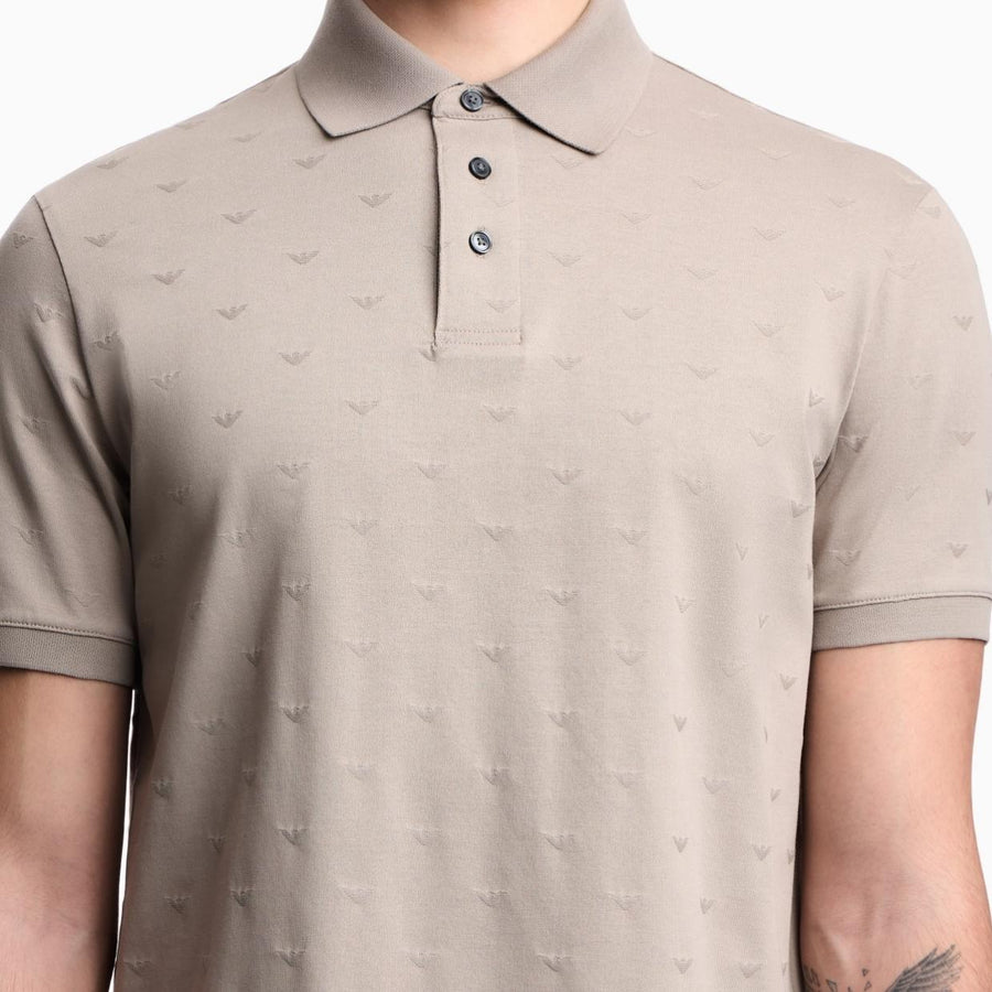 Emporio Armani All-Over Micro Eagle Jacquard Beige Polo Shirt