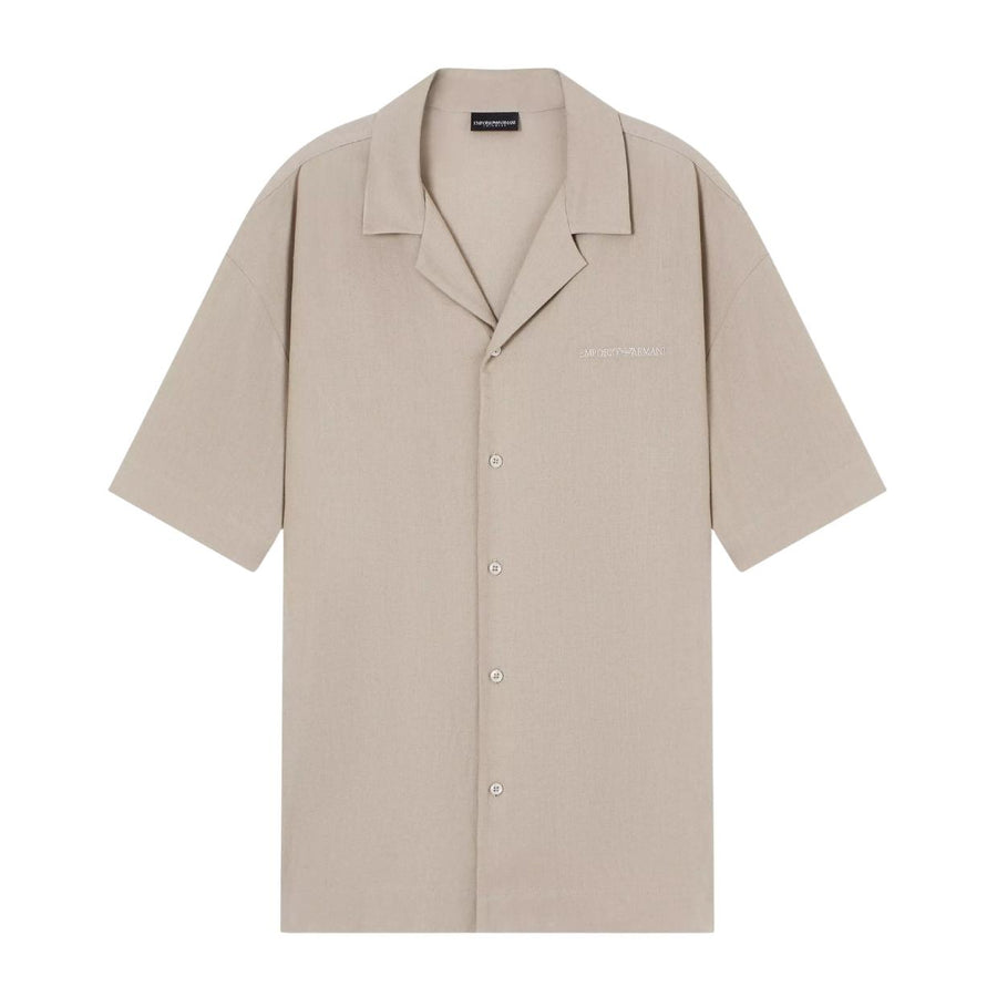 Emporio Armani Linen-Blend Taupe Beachwear Shirt