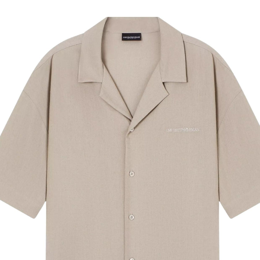Emporio Armani Linen-Blend Taupe Beachwear Shirt