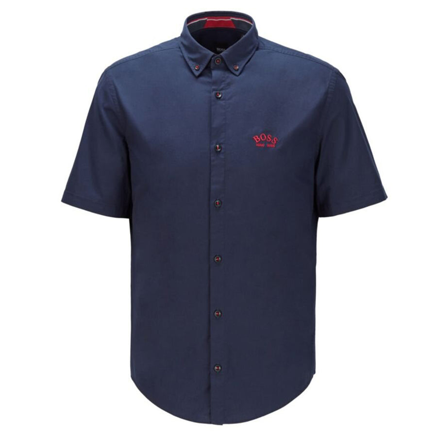 BOSS Navy Stretch Poplin Short Sleeved Shirt