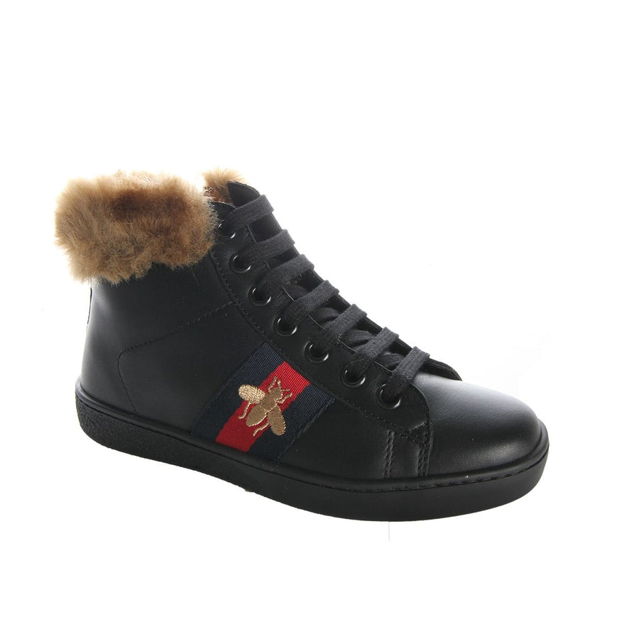 Gucci Kids Fur Black Leather High Top Trainers - Main Image