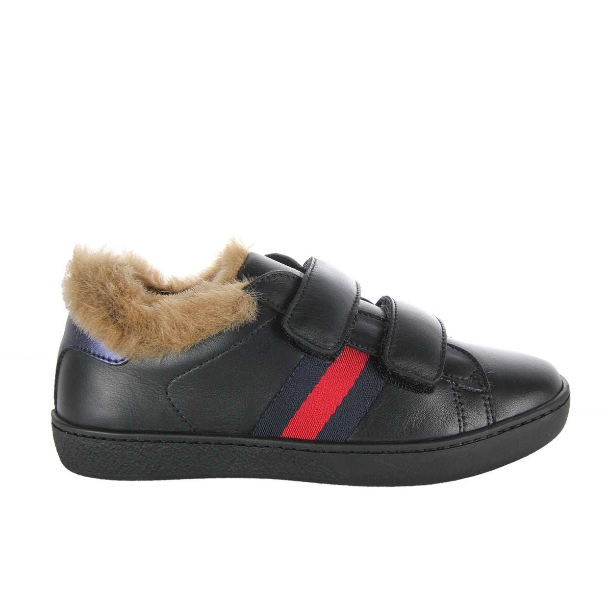 Gucci Kids Faux Fur Black Web Trainers Side 1